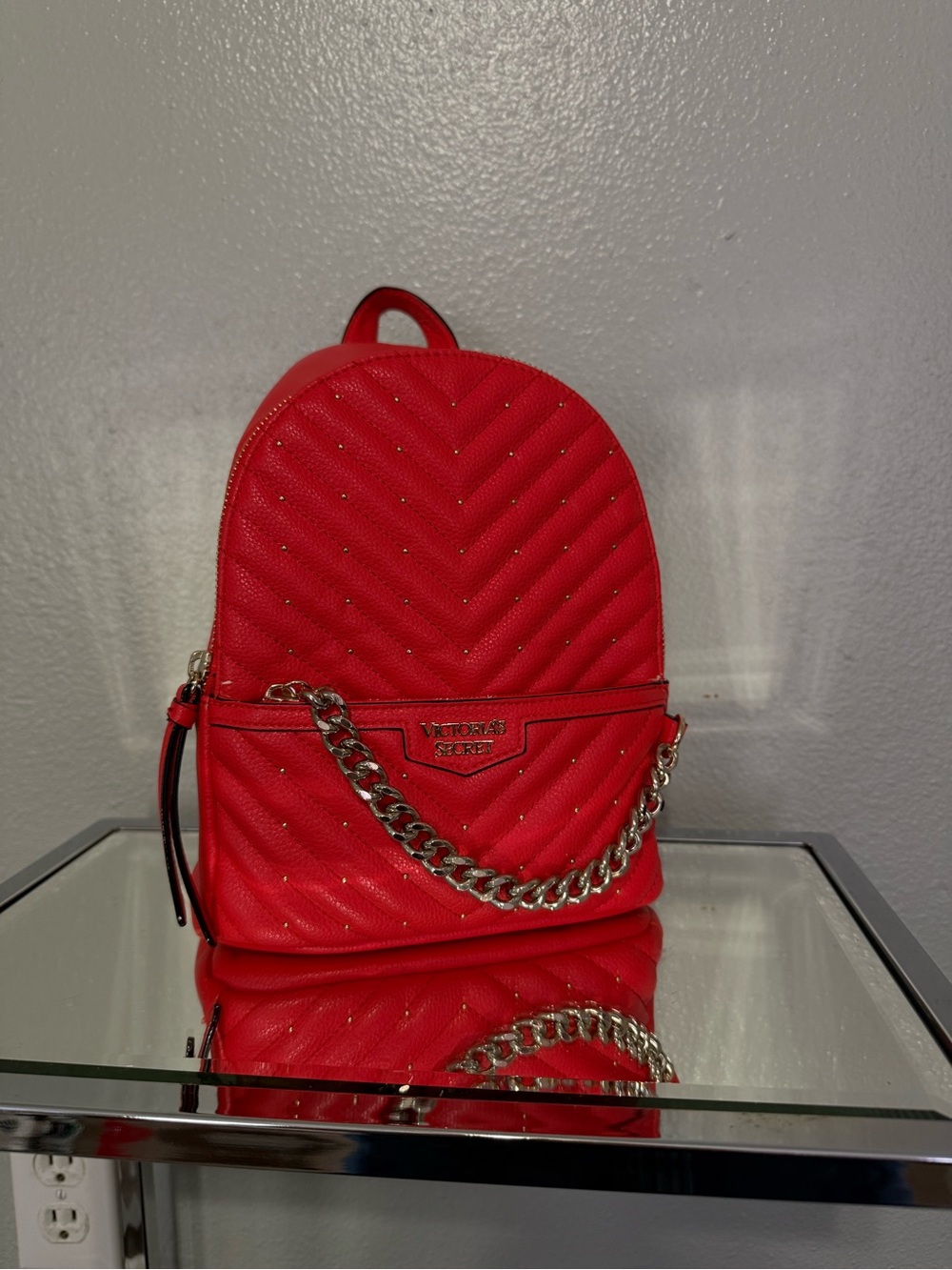 Victoria’s Secret Red Quilted Studded Chain Backpack